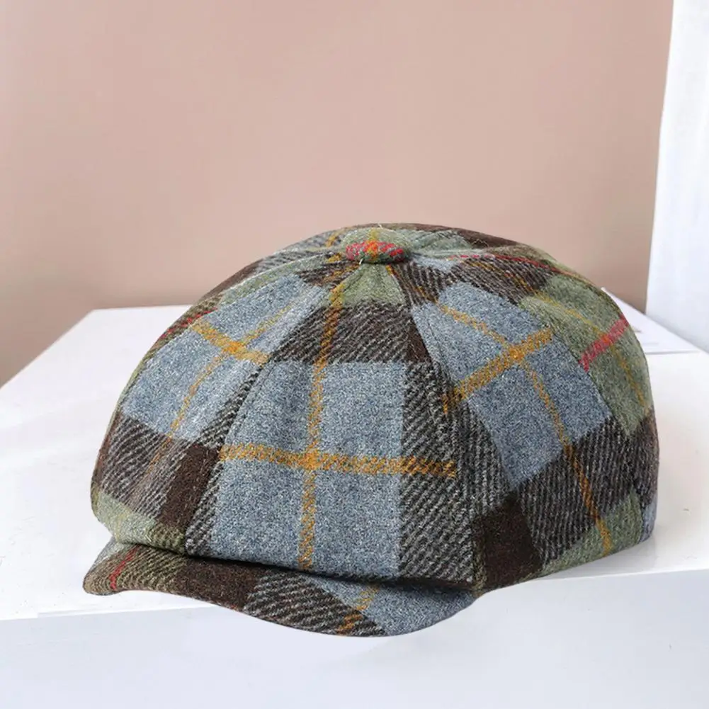 

Men Hat Vintage Plaid Print Newsboy Hat Stylish Winter Painter Cap for Women Men with Adjustable Band Anti-slip Brim Warmth Lady