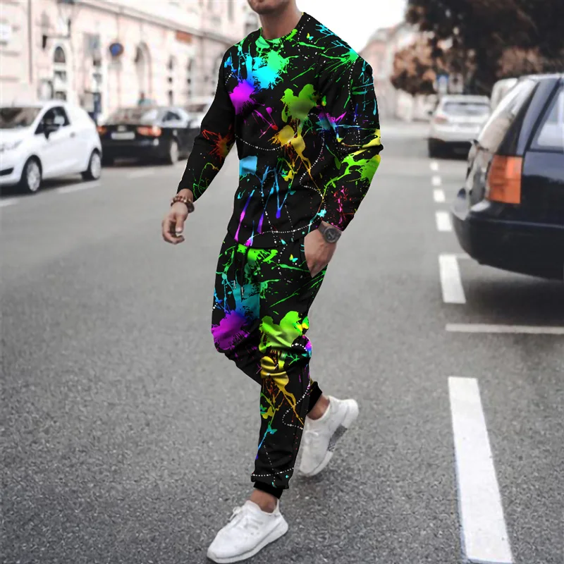 

3D Printing Colorful Stitching Pattern Round Neck Suit Fashion Autumn Men's Casual Sweatshirt Sports Pants Men's Sportswear Suit