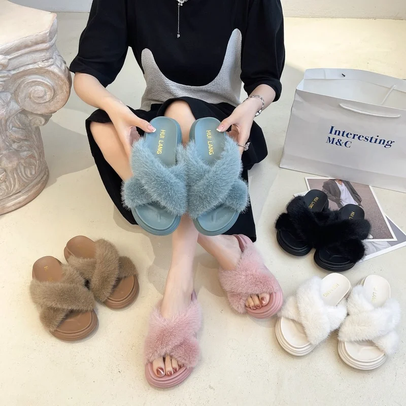 Thick Bottom Cross Plush Upper Sandals and Slippers Women's 2022 New Outer Wear Plush Women's Shoes Fashion Open Toe Slippers