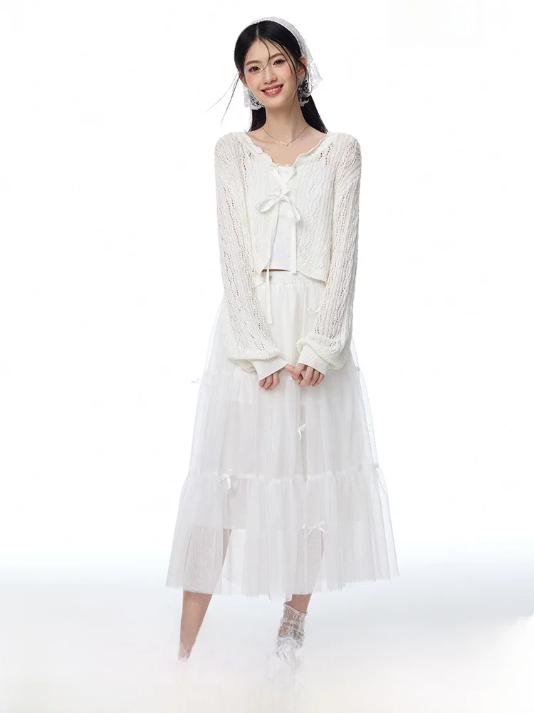 Ntot Original Design Hollow Twisted Knitted Bow Cover up Breathable Loose Idle Sle Short Top Cardigan