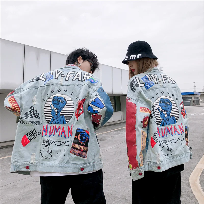 2022 Real Shooting In Stock Fashion Full Body Print Lettering Loose Denim Jacket Couple Free Shipping