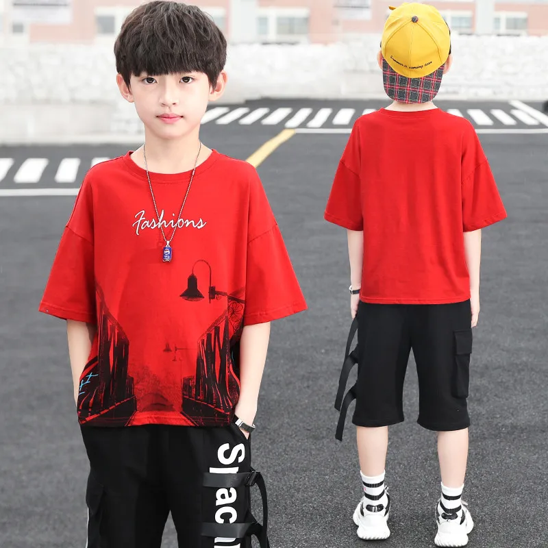 Kids Clothes Sets Short Sleeve T Shirt+Pant 2 Pc Suit Children New Fashionable Letter Print Cotton Summer Outfits 5-14 Years