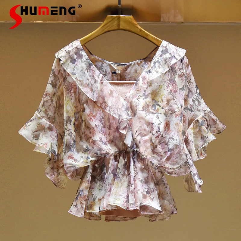 

Ruffles Organza Short Print V-neck Shirts Women 2022 Fashion Floral Fairy Top Women's Summer Chic and Elegant Woman Blouses