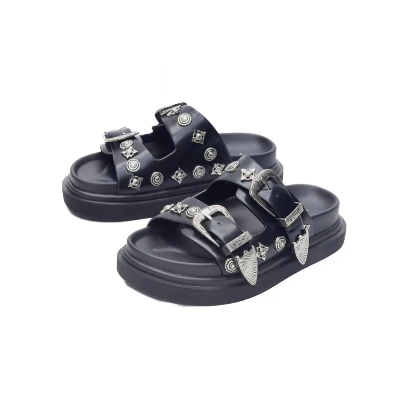 Platform Women's Summer Wear Leather Rivets Design Roman Muffin Bottom Retro Casual Slippers Sandals