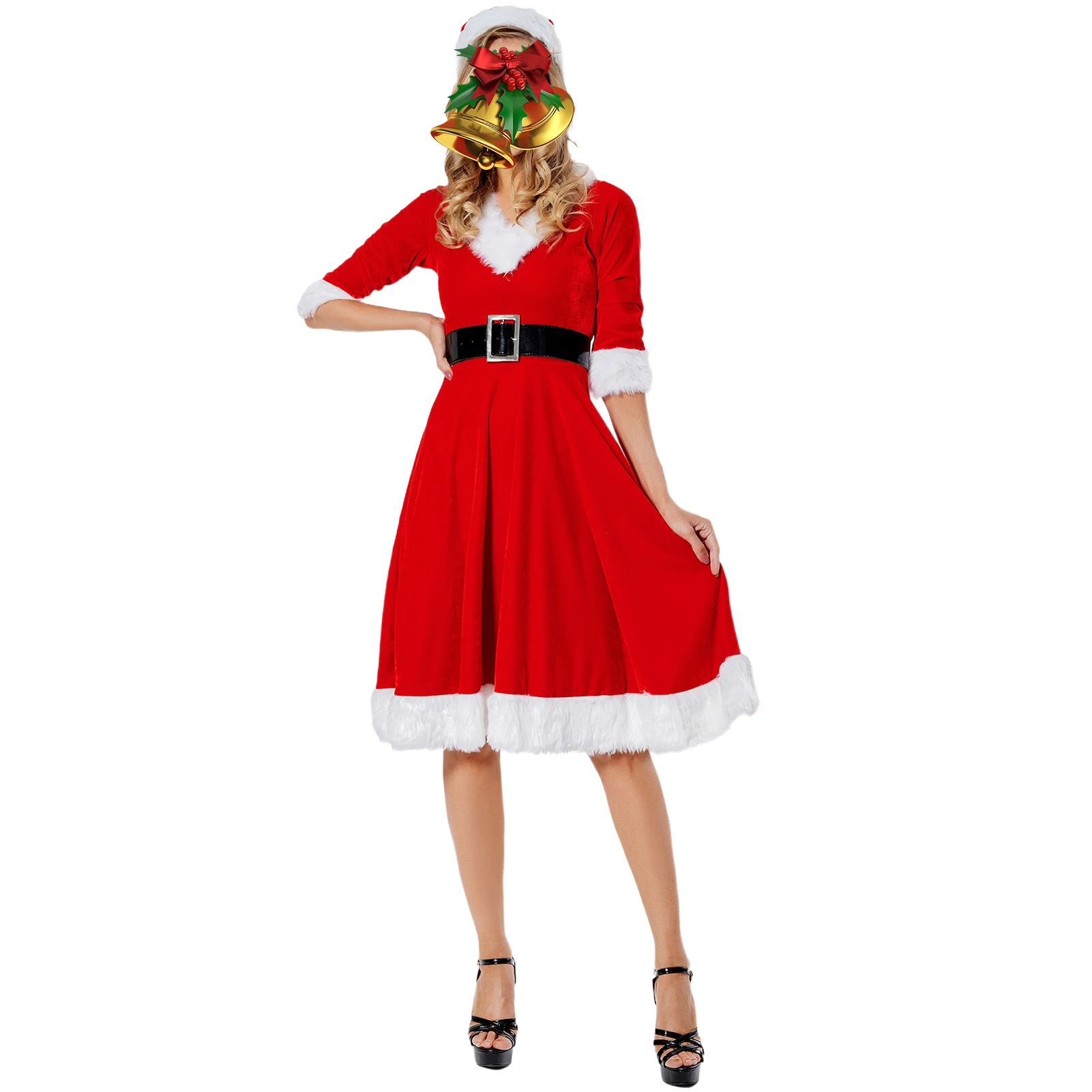 

Ladies Red Retro Santa Clothing Festival Style Women Christmas 3 Pieces Set Solid Color High Waist Half Sleeve Vacation Outfit