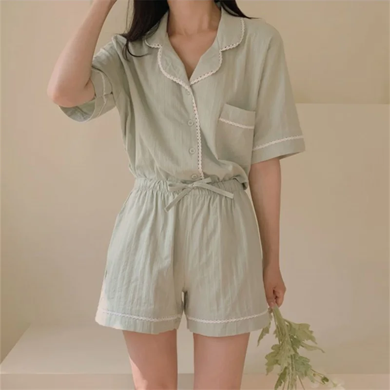 Korean Green Summer Pajamas Set Women Single Breasted Shirts + Shorts Set Two Piece Home Suit Cotton Sweet Lace Sleepwear