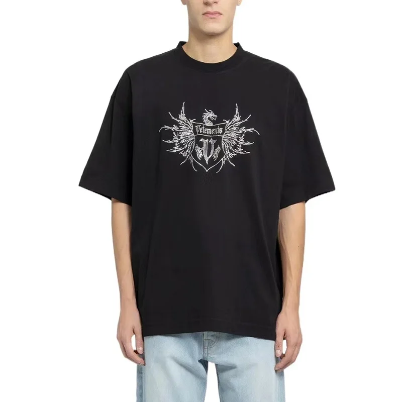 

VETEMENTS Short Sleeve Hot Bead Micro Label Embroidered Letters Men And Women Loose Round Neck Cotton T-Shirt Top