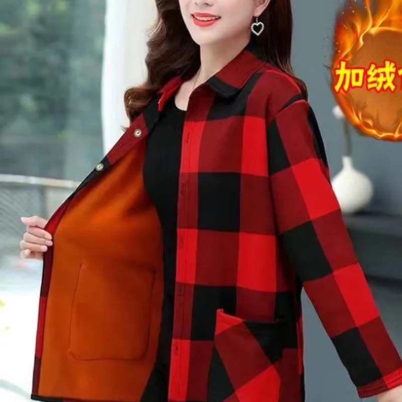 Женская осенне-зимняя Модная элегантная рубашка-поло с воротником в клетку на