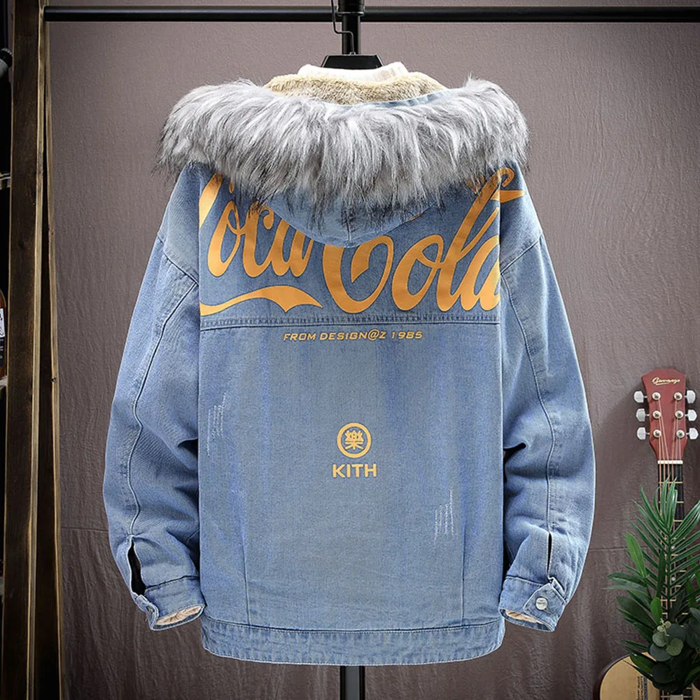 Fur Collar Denim Jacket Men Oem Men Jeans Denim Jacket Drop Shipping Men Retro Fleece Jeans Jacket And Coat For Spring Winter