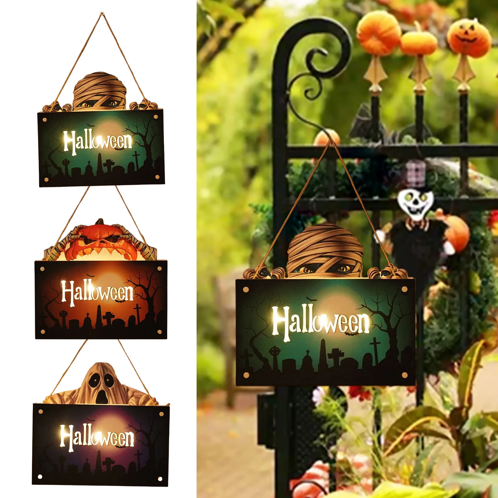 

Halloween Hanging Signs Decorations Halloween Pumpkin Ghost Zombie Light Up Wooden Sign Battery Operated Rustic Wall Hanging
