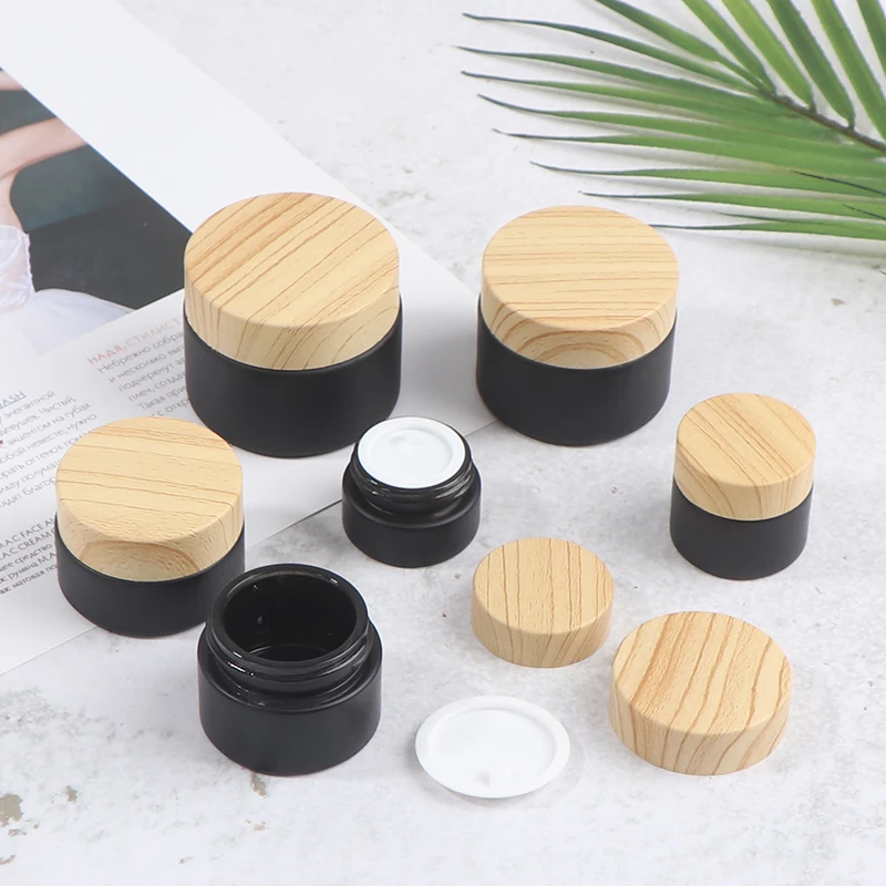 

Matte/Transparent Glass Cream Empty Jar Cosmetic Sample Container Refillable Pot Imitation Wood Grain Cover