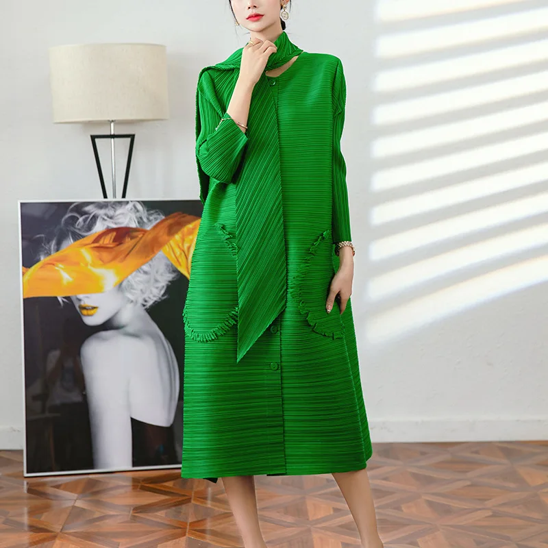 

Woman Pleated Dress Single Breasted New Scarf Loose High Elastic Elegant Casual Style 2022 Spring Autumn Fashion Lady K204