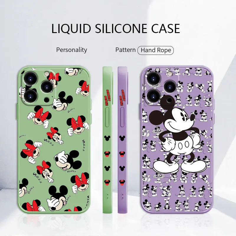 

Black White Mickey Art Candy Color Liquid Silicone Case For iPhone 13 12 11 Pro Max Mini X XR XS Max 7 8 6 6s Plus SE Cover Capa