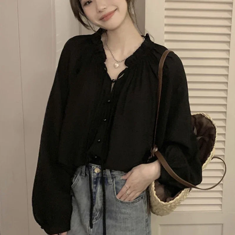 Женская однотонная рубашка в французском стиле с длинными рукавами и шнуровкой