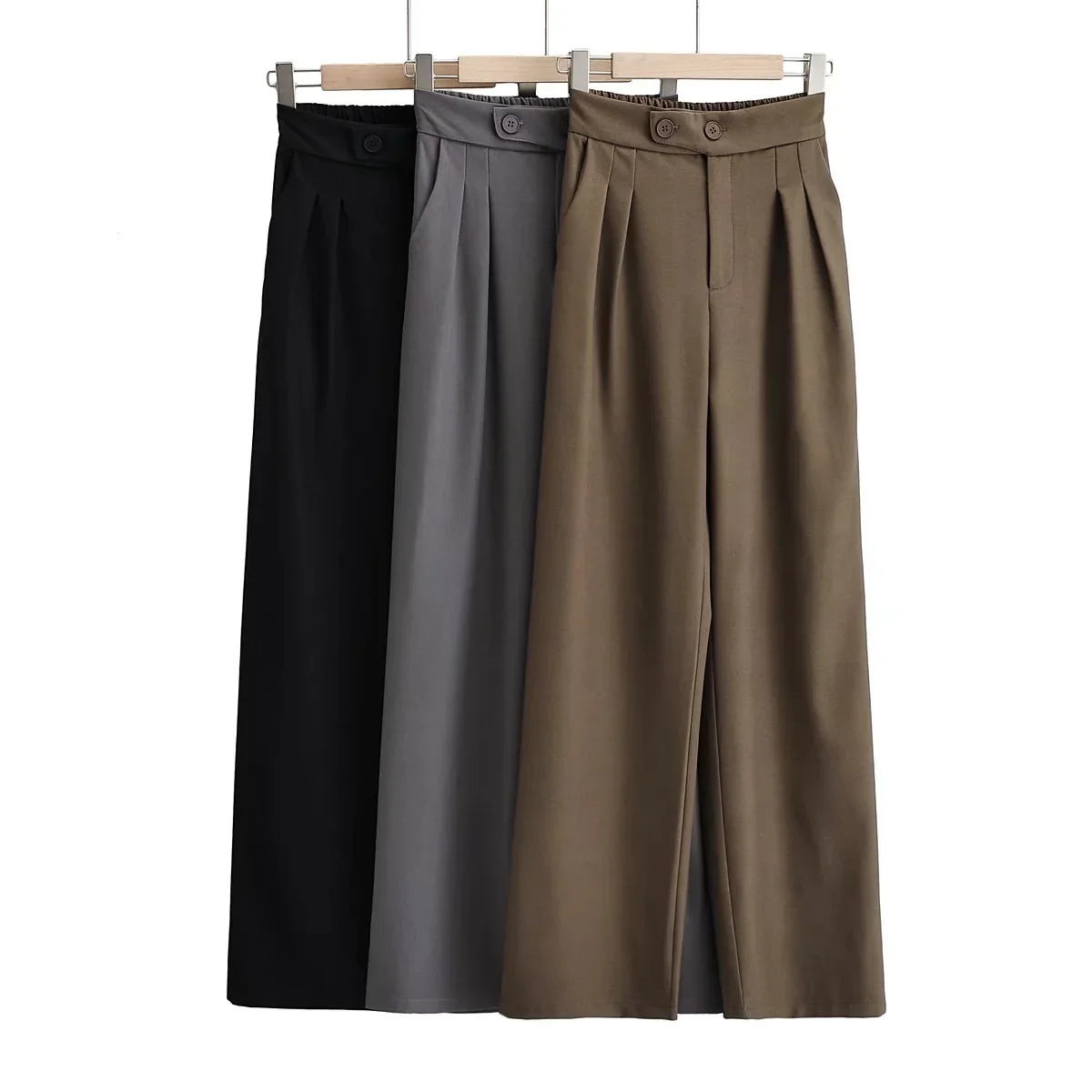 Womens Casual Wide-leg Pants Mopping Pants with High Waist and Two Buttons and Elastic Waist Straight Suit Pants for Women