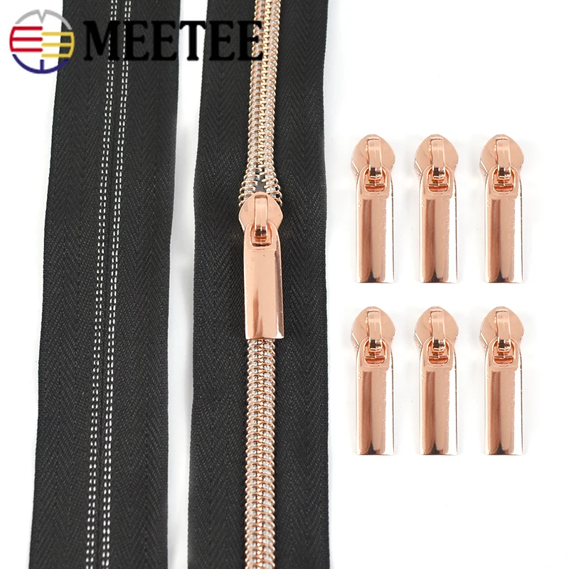 

10Meter 3#5# Nylon Zipper Tape Decorative RoseGold Zip Puller Slider Bag Clothes Jacket Repair Zips Sewing Tailoring Accessories