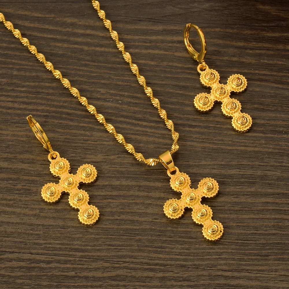 

Ethiopian Jesus Cross Jewelry Sets Classical Necklaces Earrings Set Gold Color Arab/Africa Wedding Bride's Dowry Women Gift