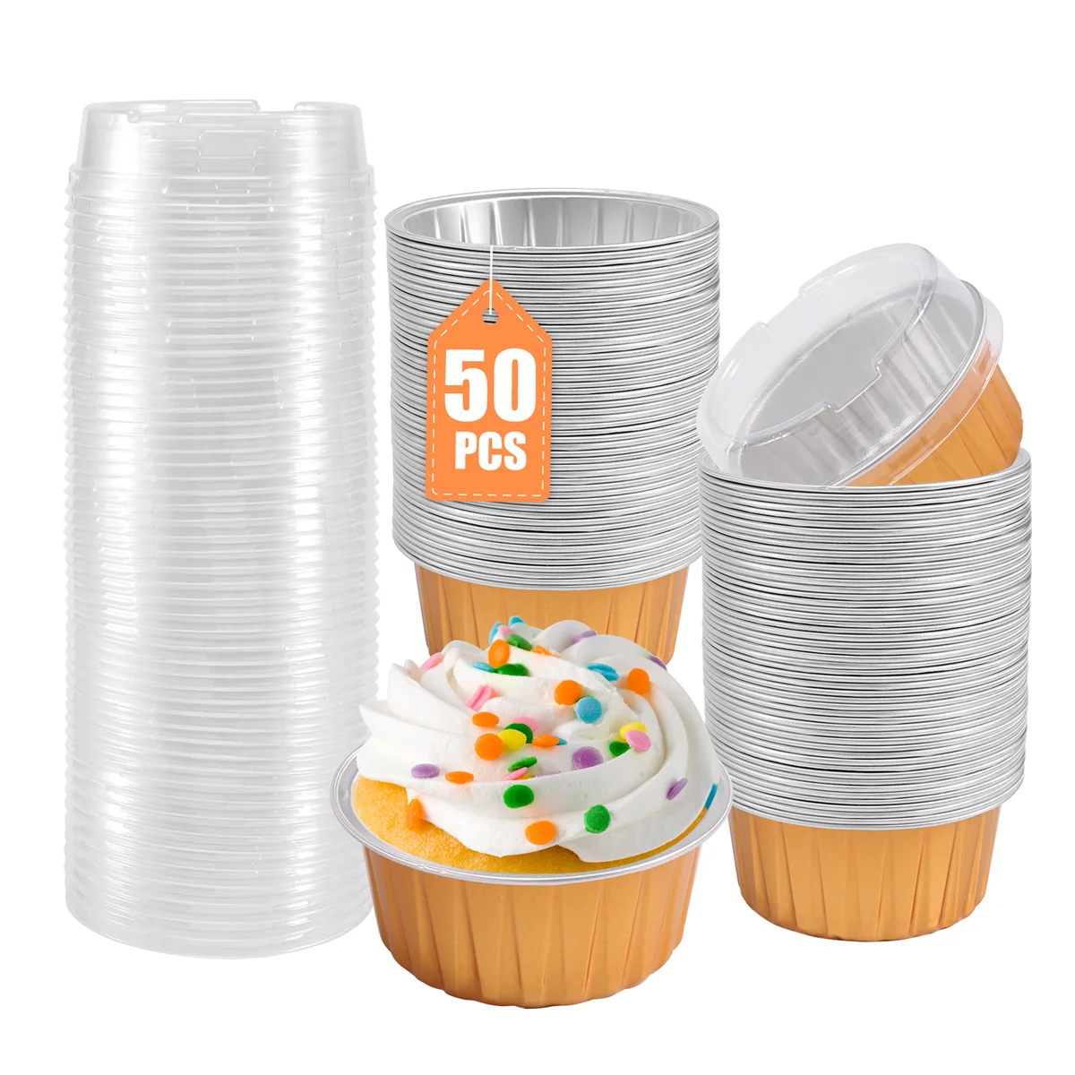 Десертные чашки с крышками 50 упаковок Золотая алюминиевая фольга для выпечки