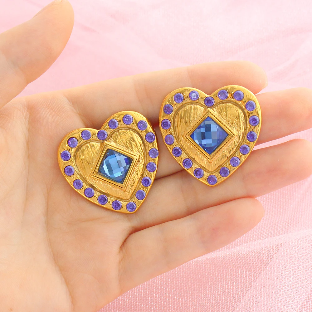 

Trendy Luxury Design Stainless Steel Heart Earrings Blue Square CZ Inlay Women's Wedding Gift