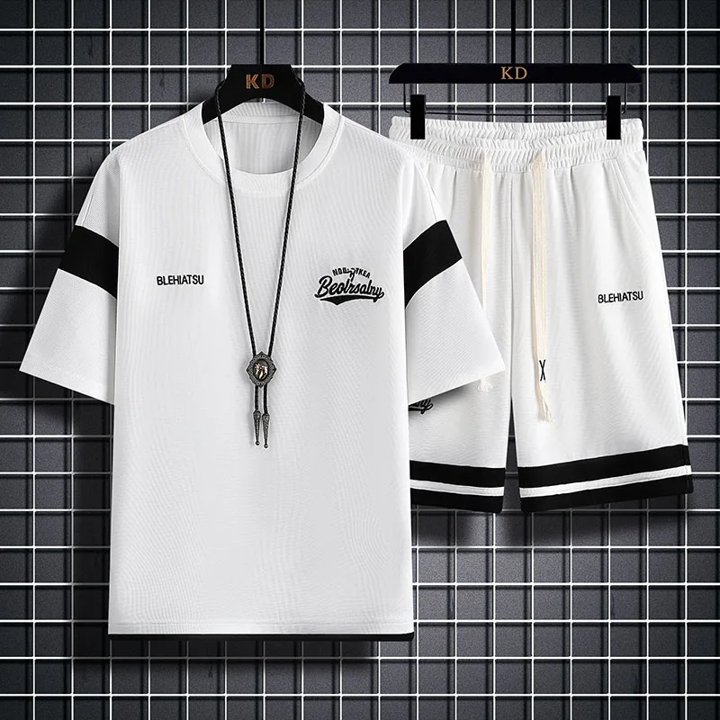 Waffle Shorts Suit Men's Summer Ice Silk Short Sleeve Men's Suit with Handsome Fashion Brand Casual Sportswear