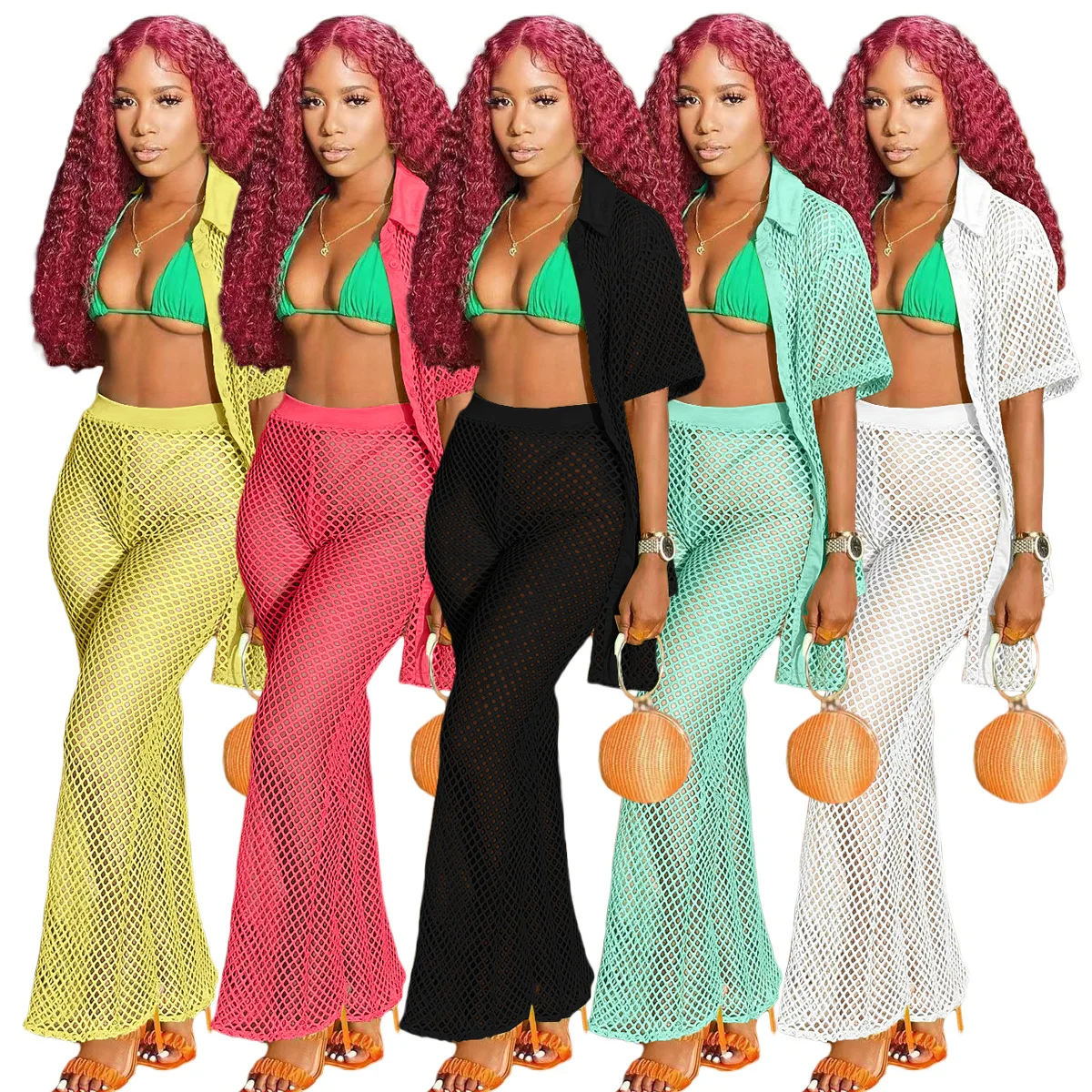 

Fishnet Crochet Two Piece Set Short Sleeve Maxi Cardigan Wide Leg Pants Matching Sets Beach Style Outfits Loose Casual Sheer