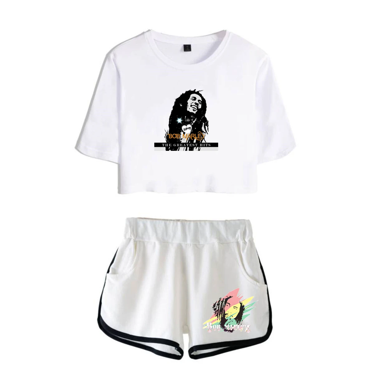 

Classic Legendary Bob Marley Print Short Sleeve Cool Sexy Shorts+lovely T-shirts Dew navel Pretty Girl suits Two Piece Set