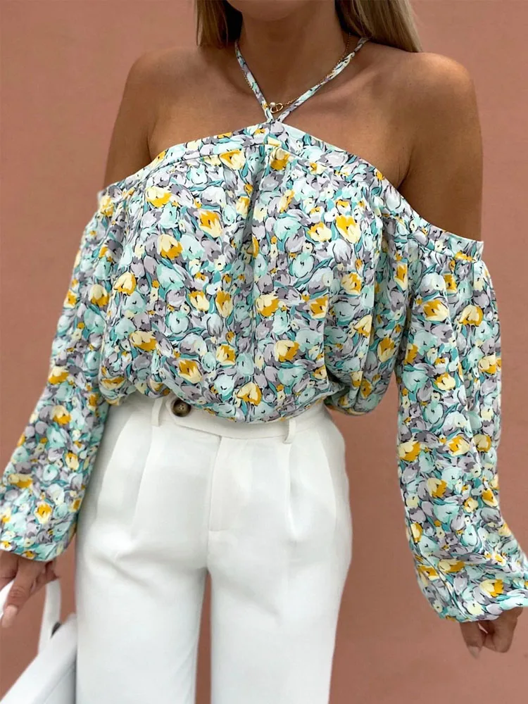 

Sexy Off Shoulder Halter Blouse Spring Elegant Backless Loose Pullover Shirts Summer Vintage Floral Print Boho Long Sleeve Tops
