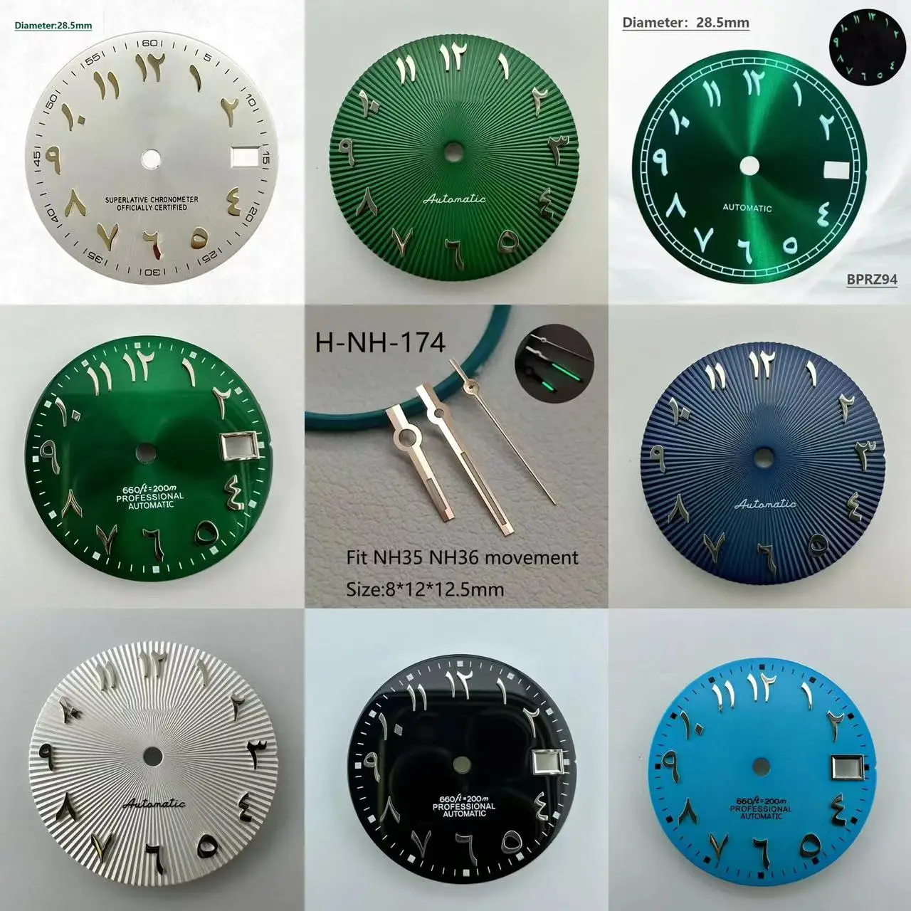 Циферблат с арабскими цифрами NH35/36 28 5 мм не светящийся зеленый синий серебристый