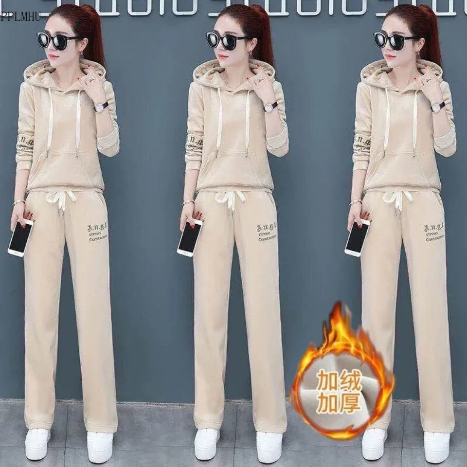 

Autumn Winter Plus Velvet Thick Korean Loose Hoodies And Sweatpant Jogger Suit Casual Velvet Tracksuit 2 Piece Set Women Outfits