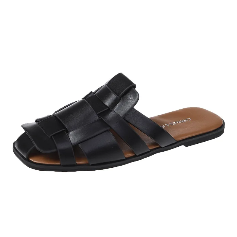 Roman Knitted Leather Sandals Woman Cross Band Weave Slippers Flat Heels Slides Comfy Beach Flipflops Ladies Cut-Out Shoes Mules