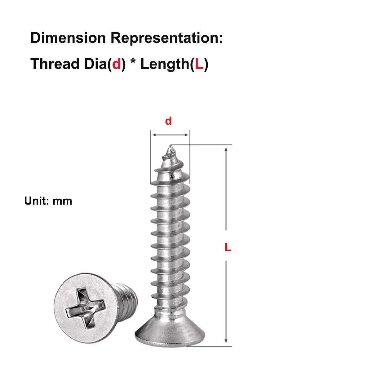 304 удлиненный саморез из нержавеющей стали с потайным крестообразным пазом