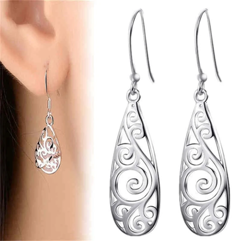 

1 Pair Women Carved Earrings Long Water Drop Pendant Earring Jewelry