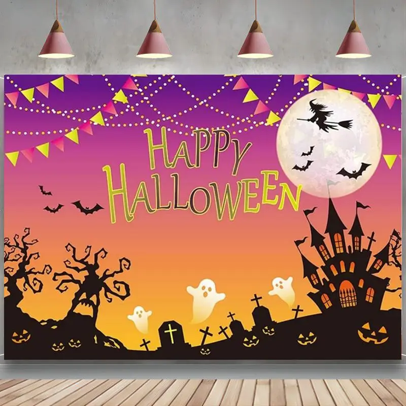 

Halloween Pumpkin Backdrop Orange Night Moon Photography Background Scary Bat Ghost Cemetery Birthday Party Supplies Banner