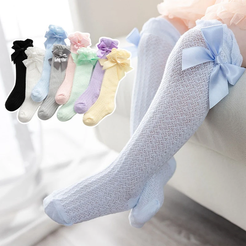 Girls Bowknot In Tube Socks Children Baby Candy Colors Bow Knee High Fishnet Socks Kid Toddler Hollow Out Sock Birthday Gifts