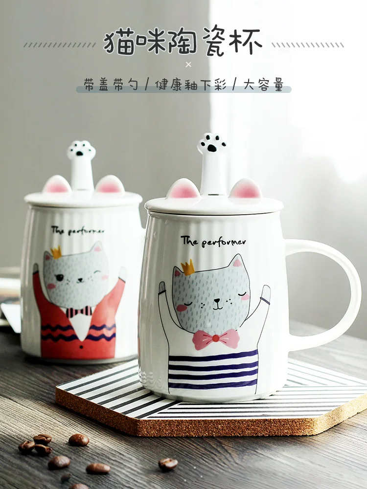 

Cute ceramic mack cup children with a cover spoon home drinking cup girl heart breakfast coffee cup cat paw cup