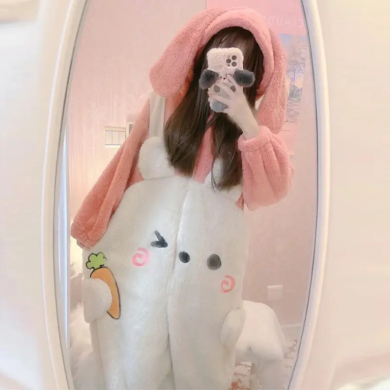 Kawaii Animal Pajamas Onesies Long Eared Rabbit Cartoon Sleepwear Cosplay Zipper Women Winter Flannel Overall Onepiece Jumpsuit