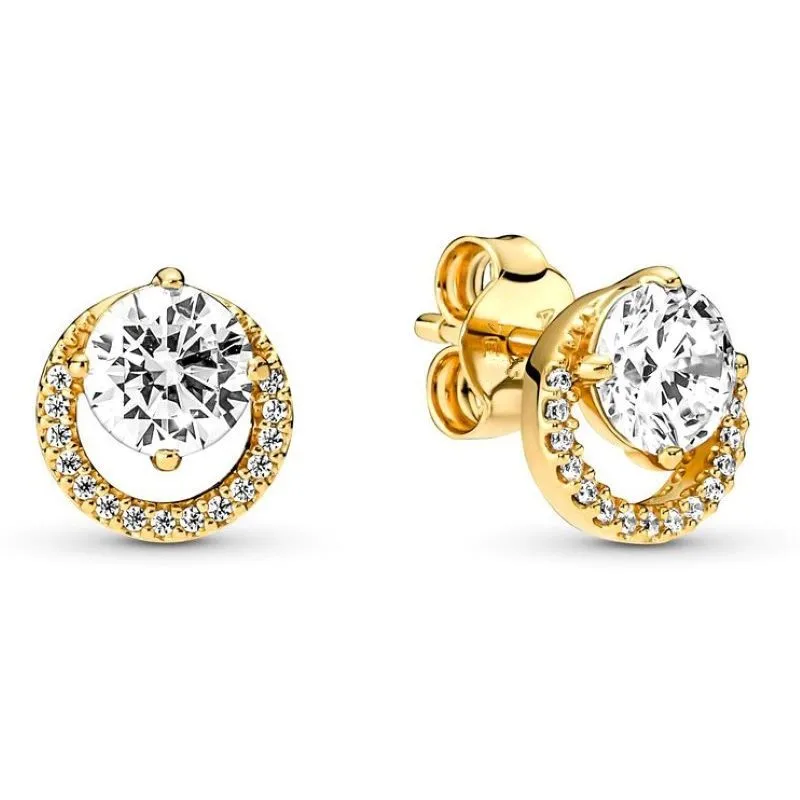 

Authentic 925 Sterling Silver Sparkling Gold Round Halo With Crystal Stud Earrings For Women Wedding Gift Fashion Jewelry