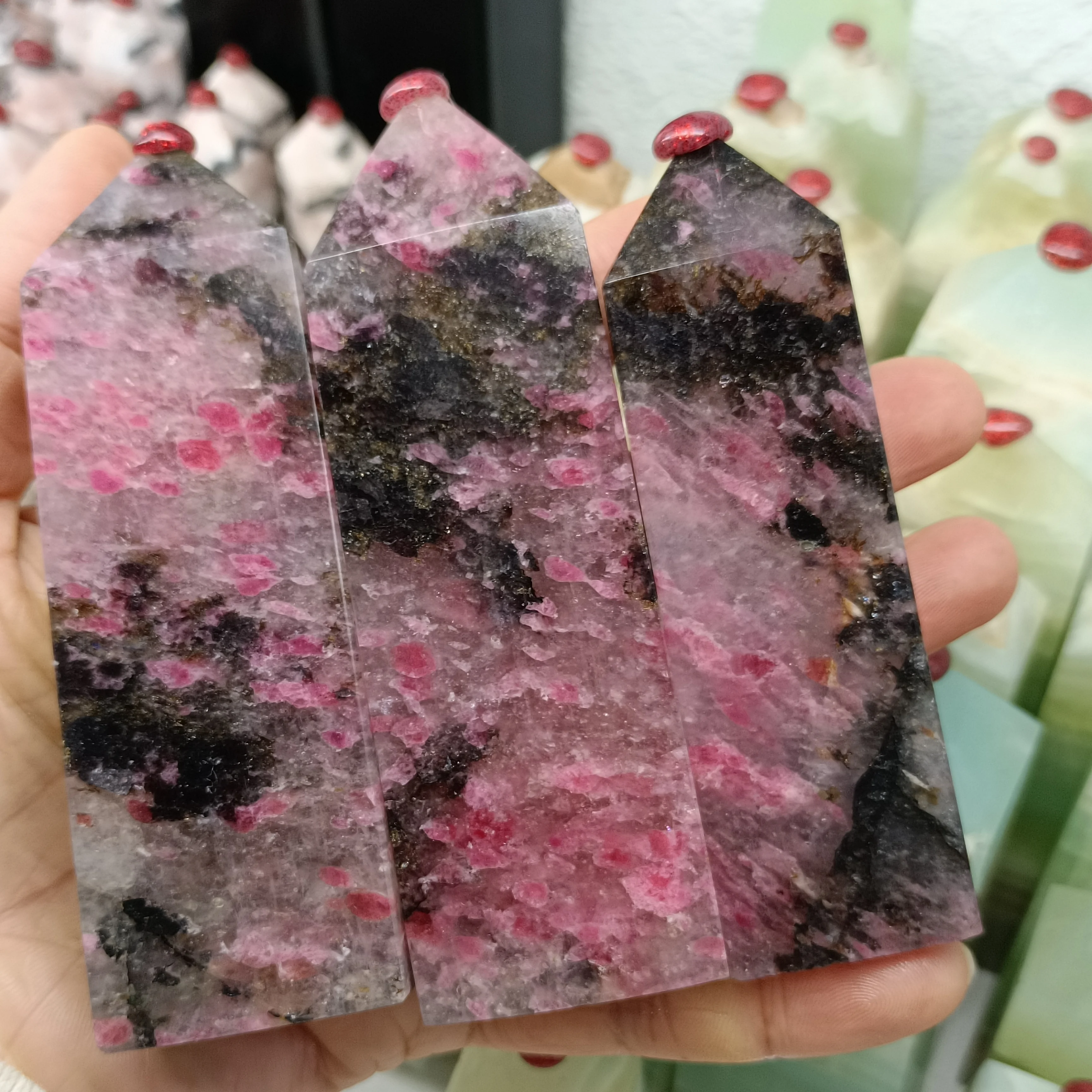 

Natural Pink Colour Plum Flower Tourmaline Stone Column Crystal Energy Wand Home Office Decoration Gift Reiki Love Healing