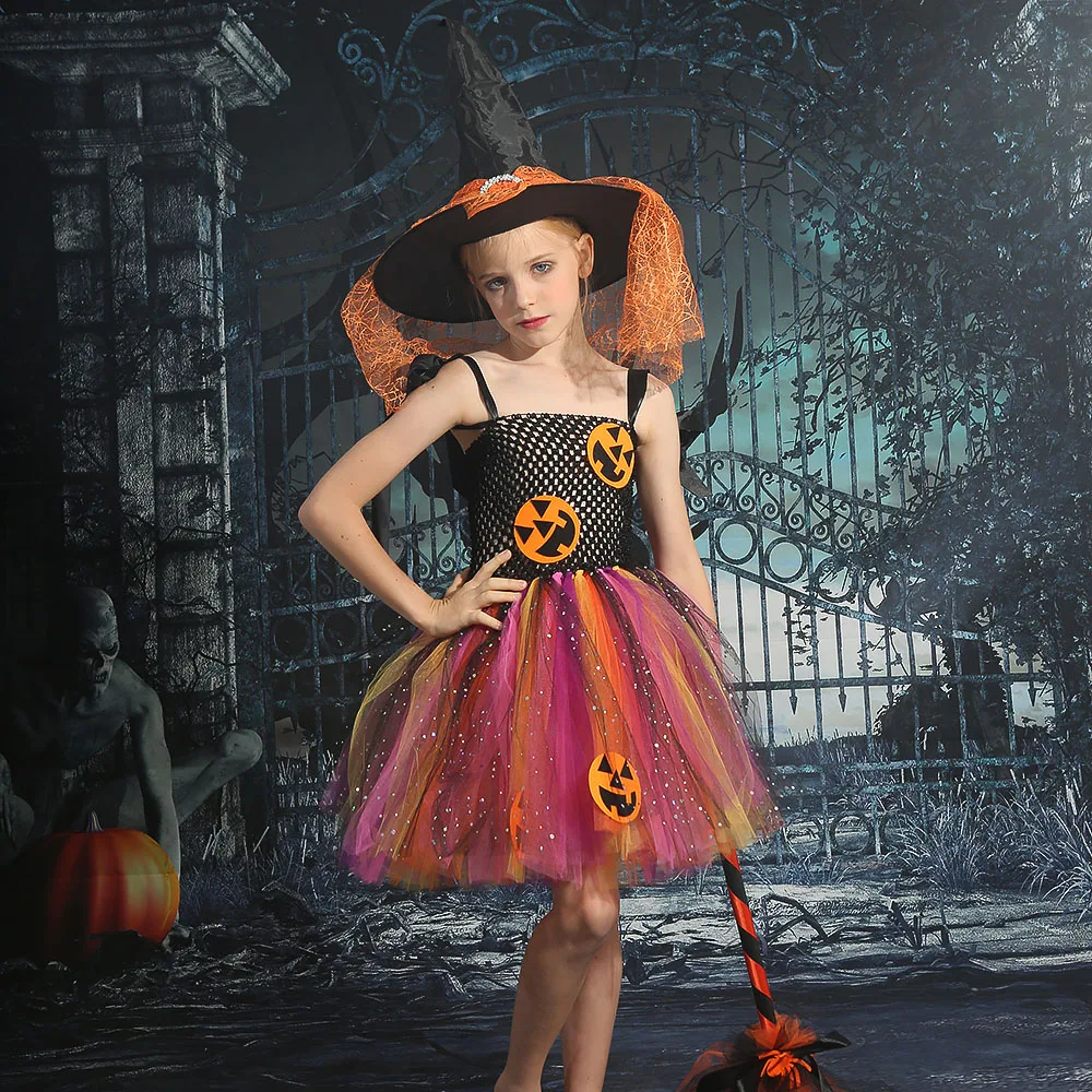 

Halloween Girls Tutu Dress Rainbow Tutu for Kids Carnival Party Costume Tulle Dresses with Hat Broom Pumpkin Monster Cosplay