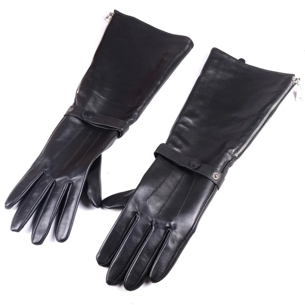 Men Long Leather Winter Glove Sheepskin Defense 40cm Opera Mitt Male Side Zipper Three Lined Fullfinger Handmuff Luva De Couro