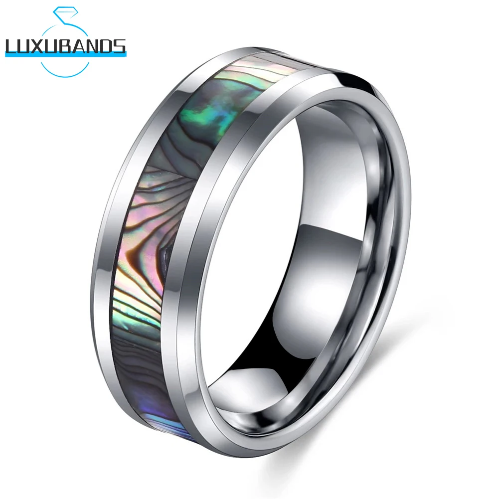 

Womens Mens Tungsten Carbide Rings 8mm Beveled Edges Abalone Shell Inlay Engagement Flat Band Polished Finish Comfort Fit