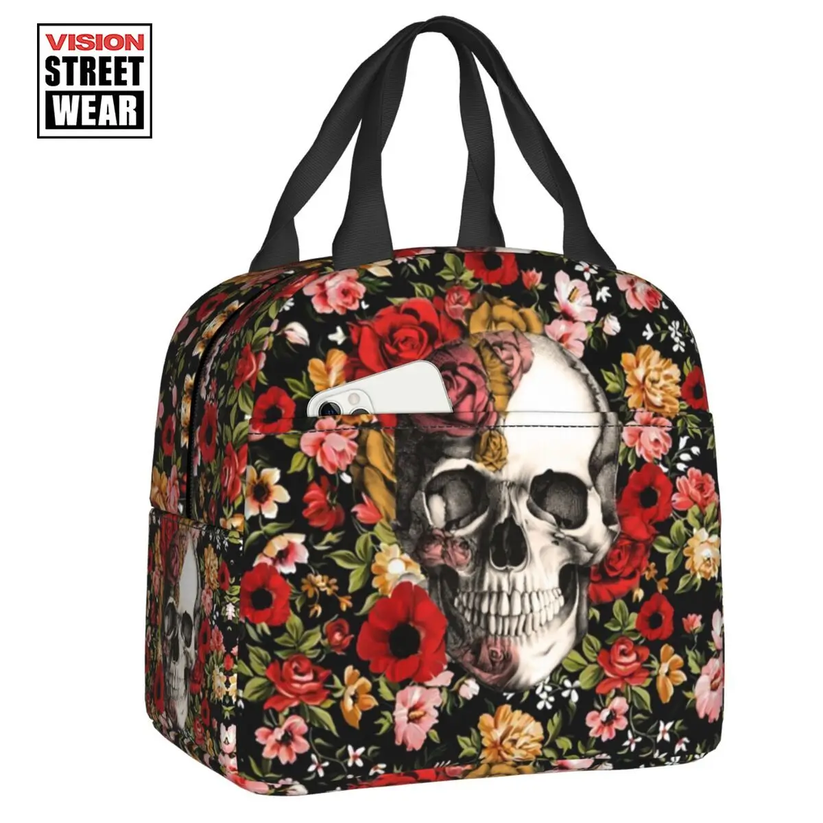 

2023 New Bloom Floral Skull With Roses Daisies Insulated Lunch Tote Bag For Sugar Skull Resuable Cooler Thermal Bento Box School