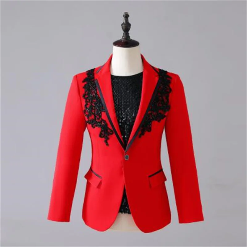 

Male suit mens blazers embroidered sequined jacket singer banquet host stage dance performance red clothes costumes hommes
