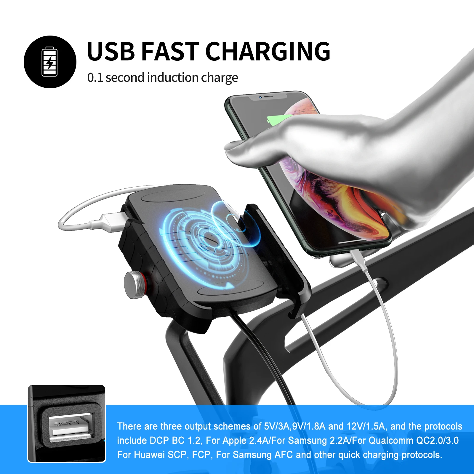 

Motorcycle Holder 2 IN 1 USB Wireless QC3.0 Fast Charging Waterproof 15W Mobile Phone Mount Smartphone Stand Support
