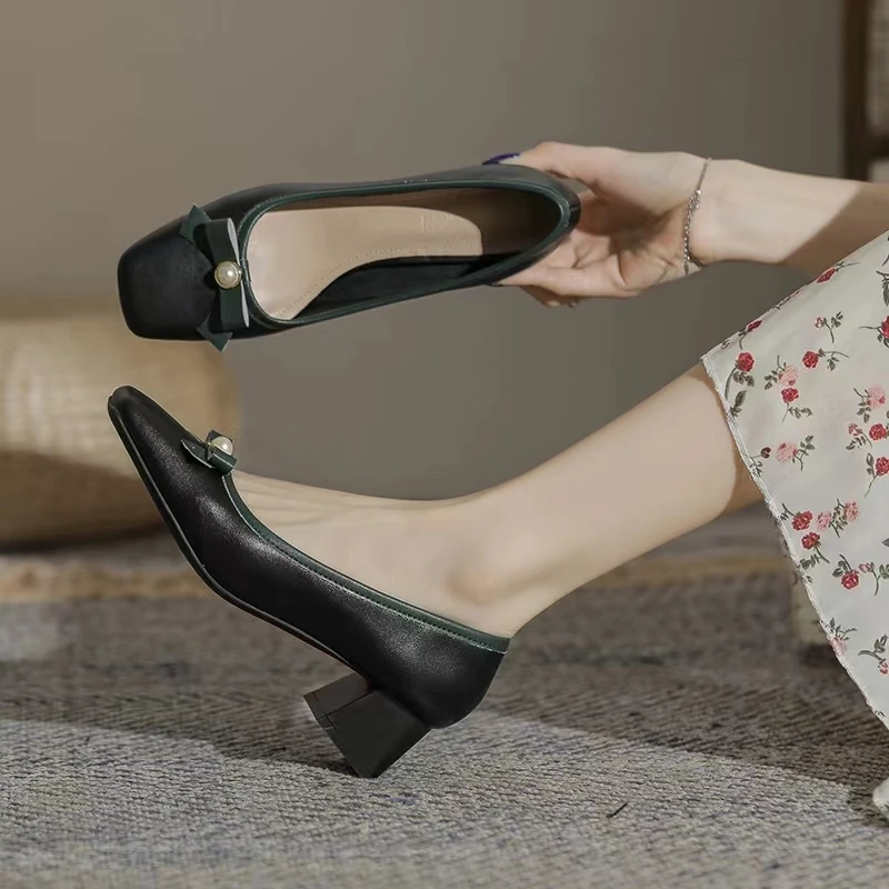 Ladies Square Toe Chunky Shoes Women Boat Shoes Pumps Mid Heels Dress Shoes Pearl Bow Dress Shoes