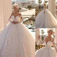 princess ball gown wedding dress v neck appliques long sleeves bridal gowns rufflesplus size floor length vestido de novia