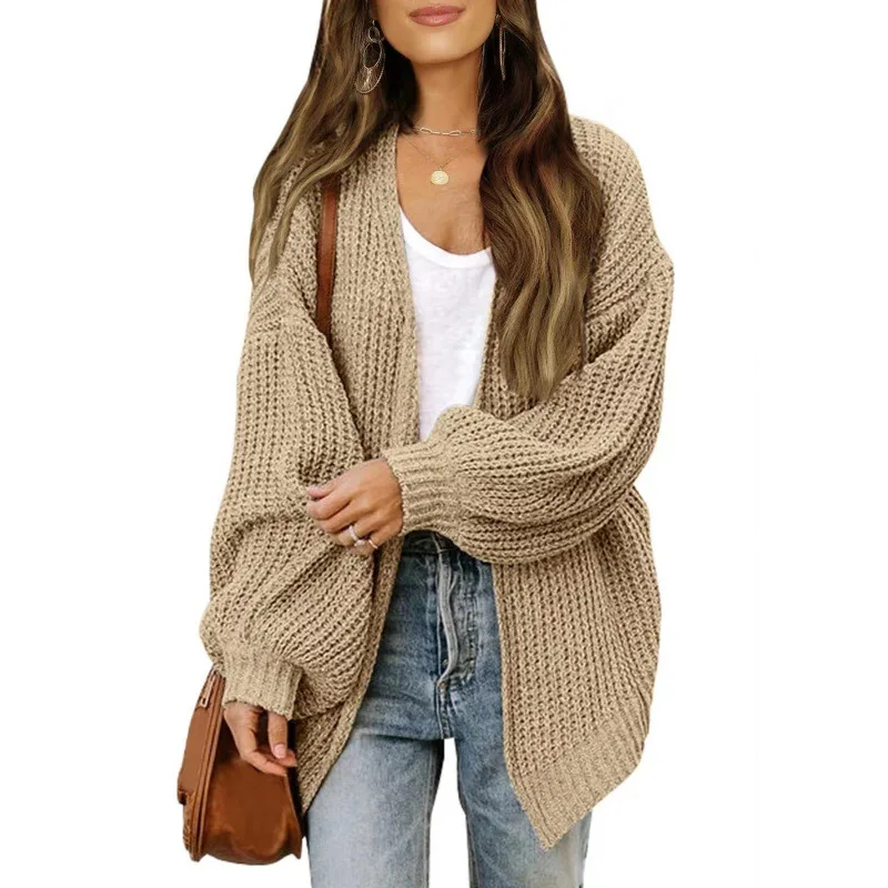 

Solid Color 2023 Autumn/winter Women Casual Loose Fitting Retro Sweater Jacket Medium Length Knitted Cardigan For External Wear