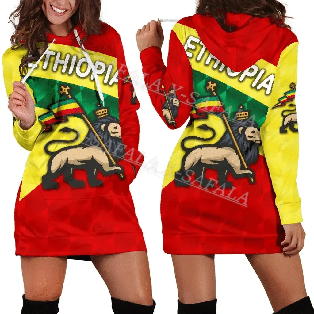 

Ethiopia Color Lion Country Emblem National Flag 3D Print Autumn Hoodies Dress Women Casual Wear Long Sleeve Hooded Dress-4