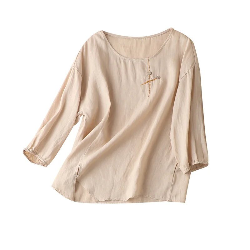 

2022 Chinese Style Linen Button Womens Tops and Blouses Three Quarter Sleeve Blusa Mujer thin Blouses Broadcloth