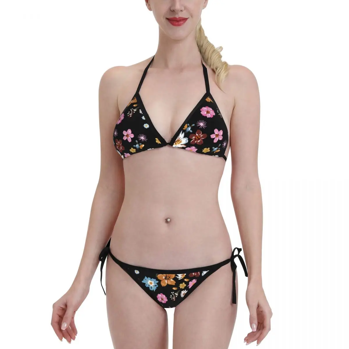 

Colorful Flowers Fashion Floral Sexy Bikini Set 2022 Swimsuit Black Pink Wallpaper Female Bandage Bathing Suit Beachwear Set